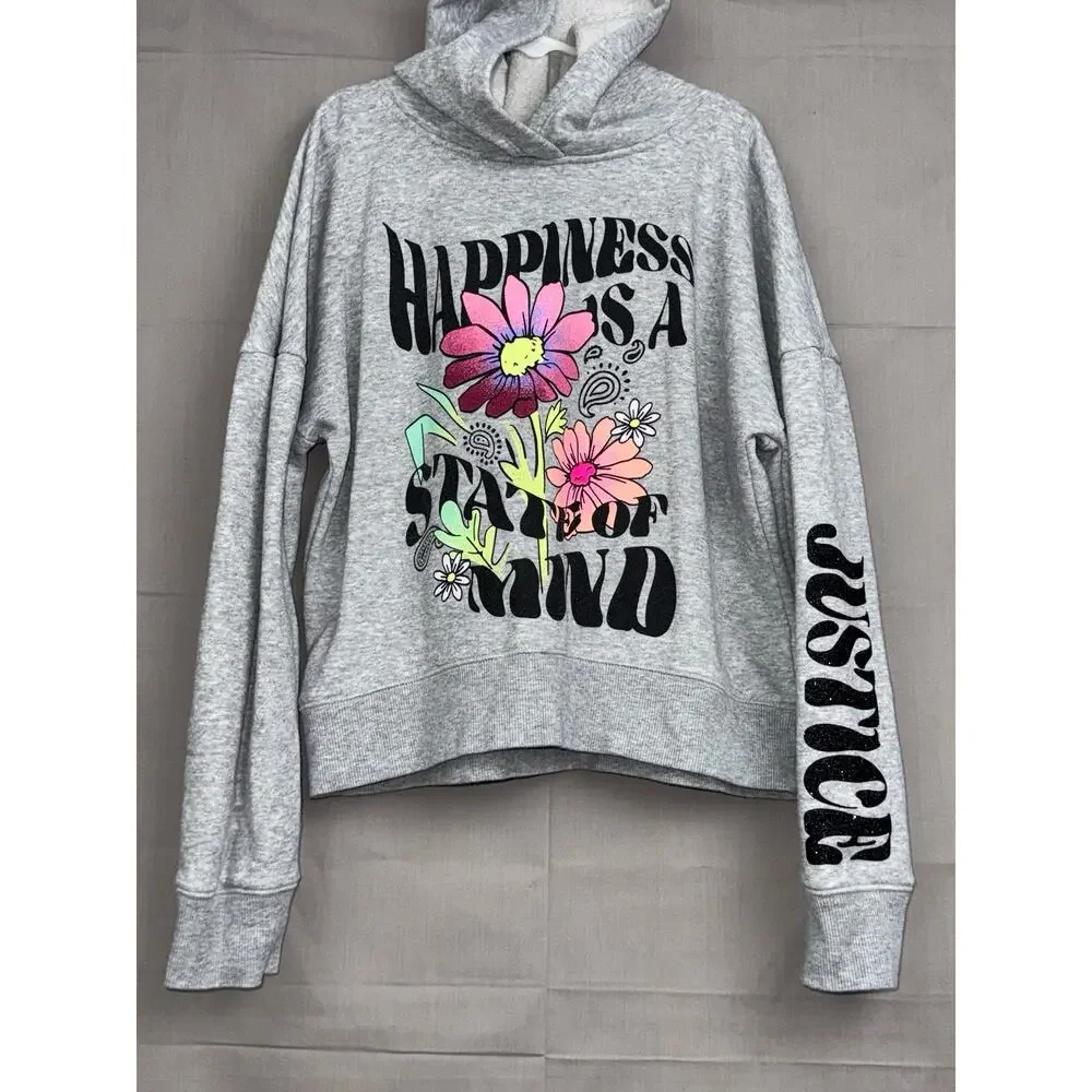 Justice Girls Gray Happiness is a Sate of Mind Flower Hoodie, Size M (10)
